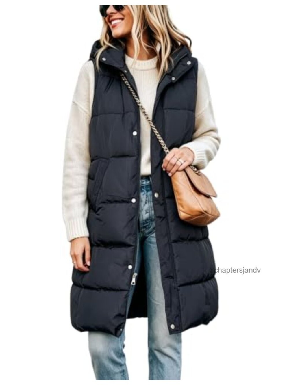 Long Puffer Vest with Removable Hood, Quilted Down Alternative, Sleeveless Zip